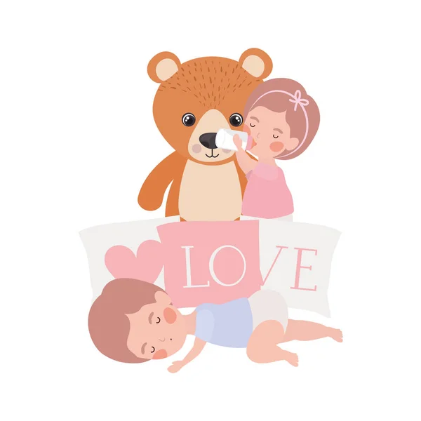 Aranyos kis gyerekek babák medve Teddy és párnák karakterek — Stock Vector