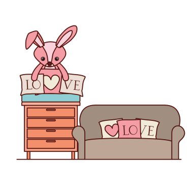 oturma odasında kalp aşk yastıkları ile doldurulmuş sevimli tavşan