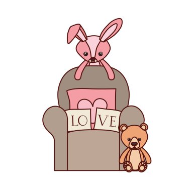 sevimli ayı ve tavşan oturma odasında bebek oyuncakları doldurulmuş