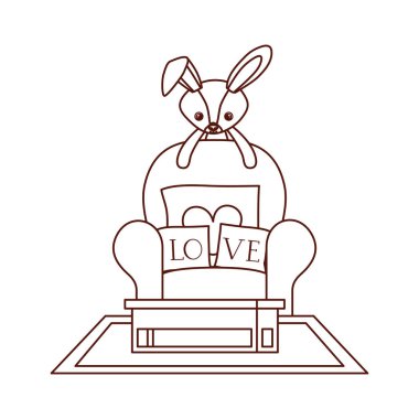 kanepede kalp aşk yastıkları ile doldurulmuş sevimli tavşan