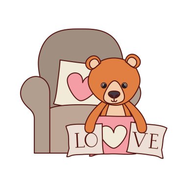 sevimli ayı oyuncak kanepede aşk yastıkları ile doldurulmuş