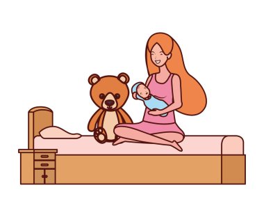 yatak odasında küçük çocuk ile sevimli gebelik anne