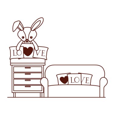 oturma odasında kalp aşk yastıkları ile doldurulmuş sevimli tavşan