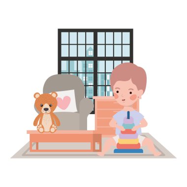 sevimli küçük çocuk bebek oturma odasında oyuncaklar ile oynarken