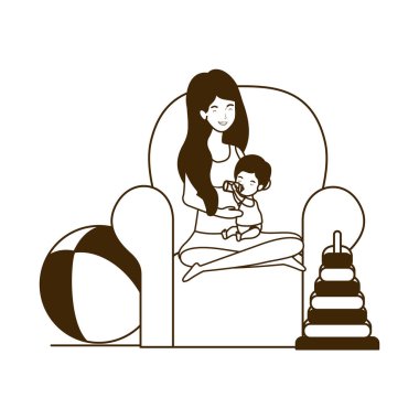 küçük çocuk ile sevimli gebelik anne kanepede oturan