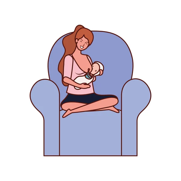 Roztomilá matka s malým dítětem sedícím na pohovce — Stockový vektor