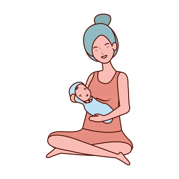 Niedliche Schwangerschaftsmutter sitzt und hebt kleine Babyfiguren — Stockvektor