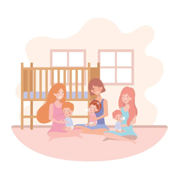 Gravidez bonito mães sentadas levantando bebês no quarto — Vetor de Stock
