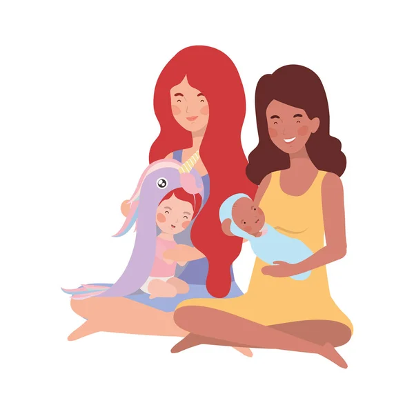 Interracial Ciąża matek siedzących podnoszenie małe dzieci znaków — Wektor stockowy
