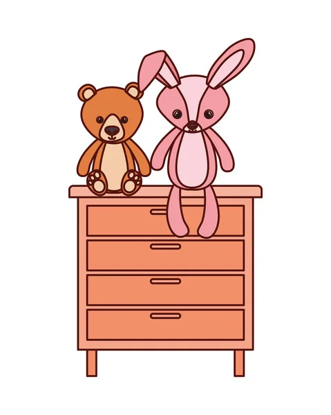 Lindo oso y conejo peluche bebé juguetes en cajón — Vector de stock