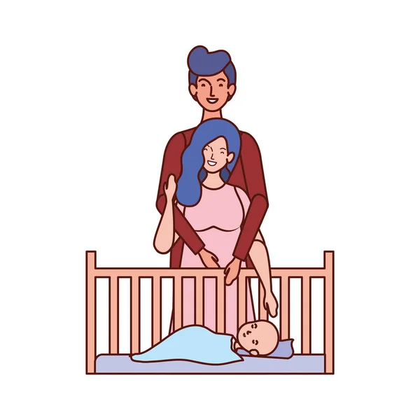 Couple de parents avec petit bébé dans le berceau — Image vectorielle