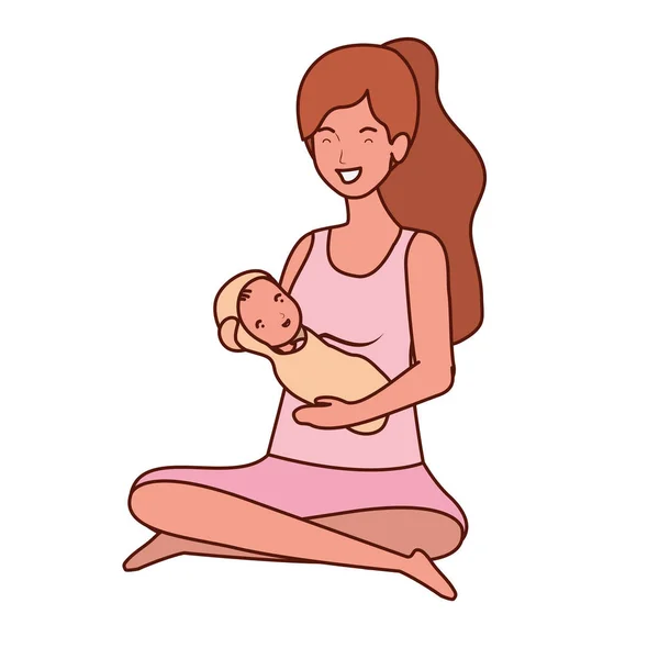 Schattige zwangerschap moeder zittend tillen kleine baby karakters — Stockvector
