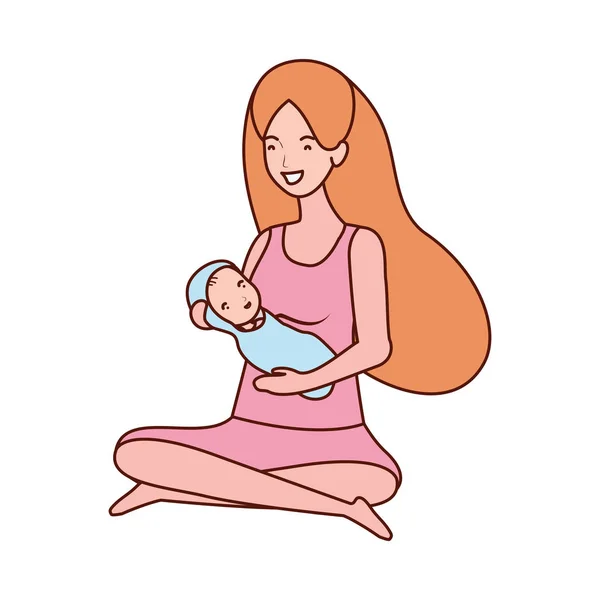 Bonito gravidez mãe sentado levantando pouco bebê personagens —  Vetores de Stock