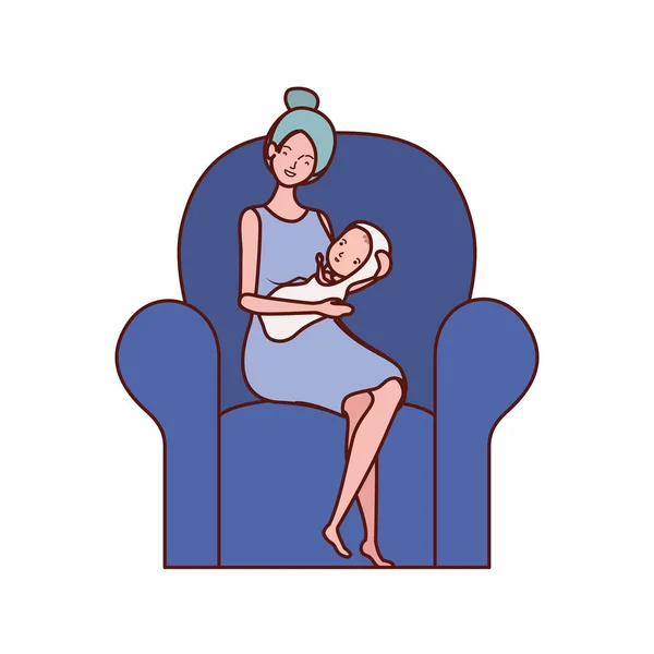 Niedliche Schwangerschaftsmutter mit kleinem Baby auf Sofa sitzend — Stockvektor