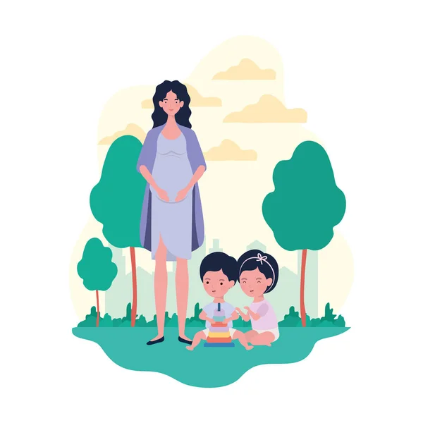 Mignonne mère enceinte avec de petits enfants dans le camp — Image vectorielle