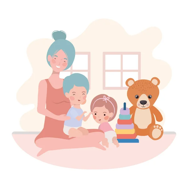 Милая беременная мать с маленькими детьми в комнате — стоковый вектор