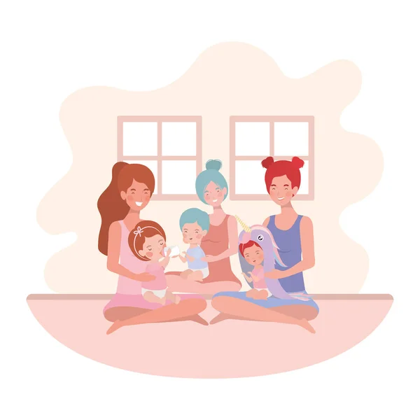 Cute pregnancy mothers seated lifting babies in the room — Stock Vector