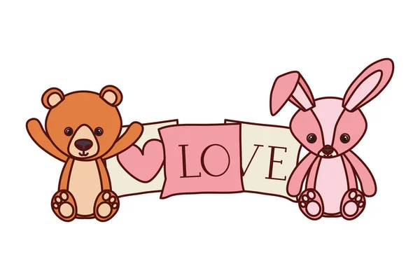 Lindo oso y conejo peluche bebé juguetes con corazón amor almohadas — Archivo Imágenes Vectoriales