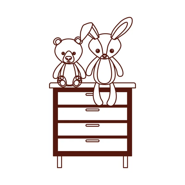 Cute bear and rabbit stuffed baby toys in drawer — Stock Vector