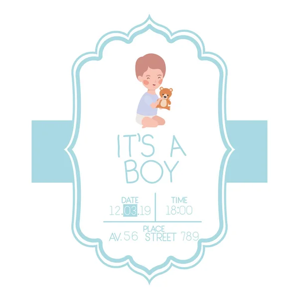 It's a Boy Card z małym dzieckiem i nosić Teddy — Wektor stockowy