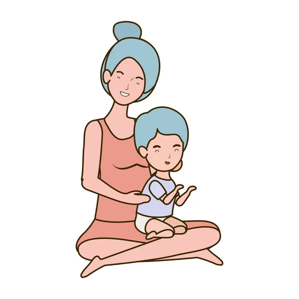 Милая беременная мать, сидящая с маленькими мальчиками — стоковый вектор