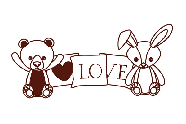 可爱的熊和兔子填充婴儿玩具与心脏爱枕头 — 图库矢量图片