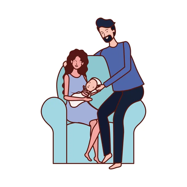 Rodiče pár s malým dítětem v obývacím pokoji — Stockový vektor