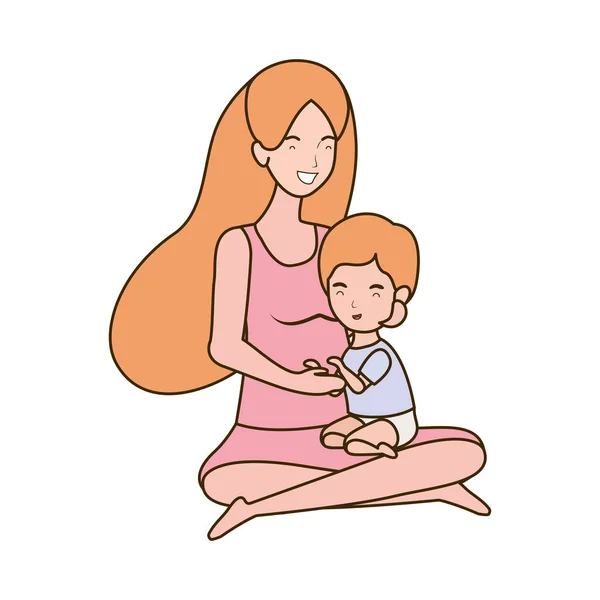 Linda madre embarazada sentada con personajes de niño — Archivo Imágenes Vectoriales