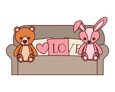 sevimli ayı ve tavşan oturma odasında bebek oyuncakları doldurulmuş