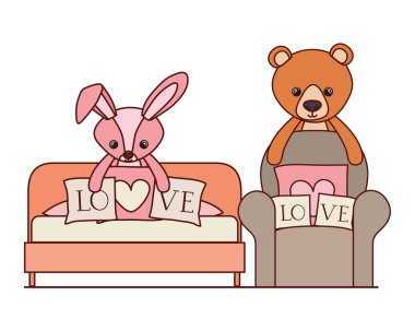 sevimli ayı ve tavşan oturma odasında bebek oyuncakları doldurulmuş