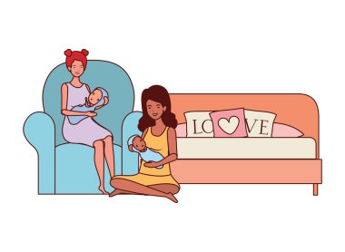 sevimli gebelik anneler yatak odasında küçük bebekler kaldırma oturmuş