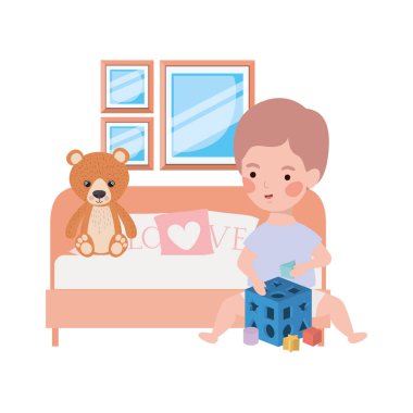 yatak odasında ayı oyuncak ile sevimli küçük çocuk bebek