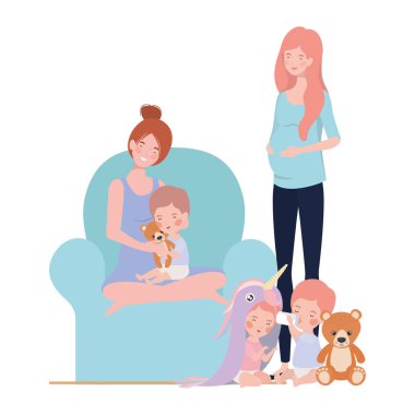 oturma odasında küçük bebekler ile sevimli gebelik anneler