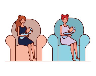 sevimli gebelik anneler yatak odasında küçük bebekler kaldırma oturmuş