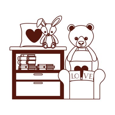 sevimli ayı ve tavşan oturma odasında bebek oyuncakları doldurulmuş