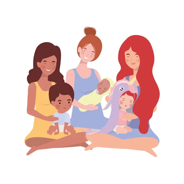 Gravidez interracial mães sentadas levantando pequenos bebês personagens — Vetor de Stock