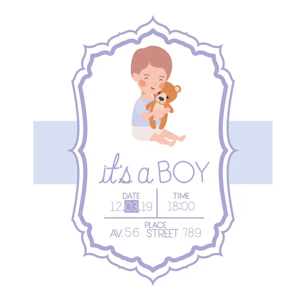 É um cartão de menino com bebê pequeno e ursinho de pelúcia — Vetor de Stock