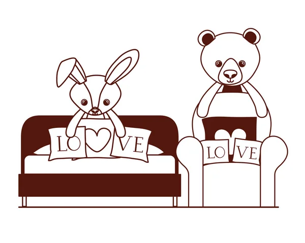 Милый медведь и кролик мягкие игрушки в гостиной — стоковый вектор