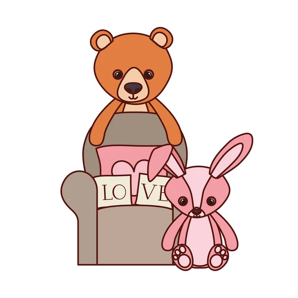 Aranyos medve és a nyúl töltött bébi játékok a nappaliban — Stock Vector