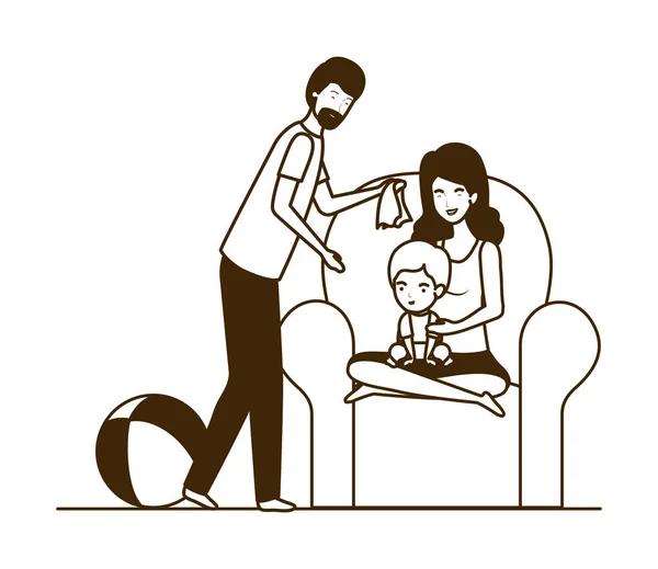 Föräldrar par med liten bebis i soffan tecken — Stock vektor