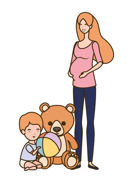 可爱的怀孕母亲与小男孩字符 — 图库矢量图片