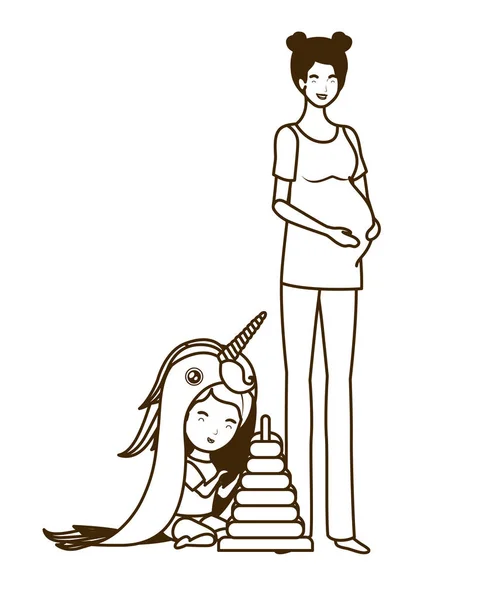 Ibu hamil lucu dengan karakter gadis kecil - Stok Vektor