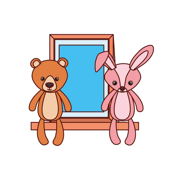 Lindo oso y conejo peluche bebé juguetes en estante — Vector de stock
