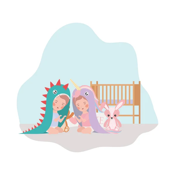 Lindo niños pequeños bebés con cuna y juguetes personajes — Vector de stock