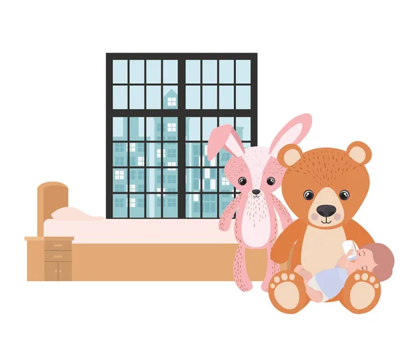 可爱的小男孩婴儿与熊泰迪在卧室 — 图库矢量图片