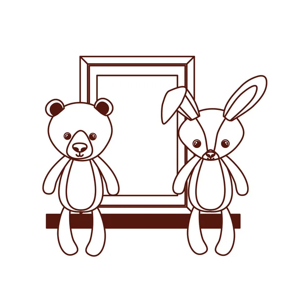 Χαριτωμένο αρκούδα και κουνέλι παραγεμισμένα παιχνίδια μωρών στο ράφι — Διανυσματικό Αρχείο