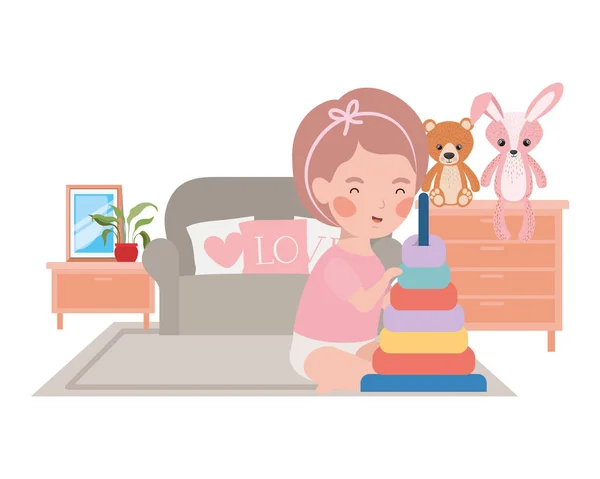 Kanepe karakteri oyuncaklar doldurulmuş ile sevimli küçük kız bebek — Stok Vektör