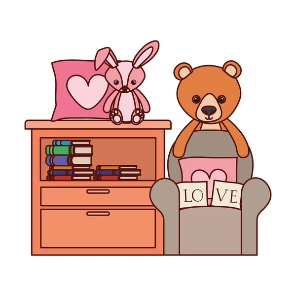 Roztomilý medvěd a králík plněné dětské hračky v regálů — Stockový vektor