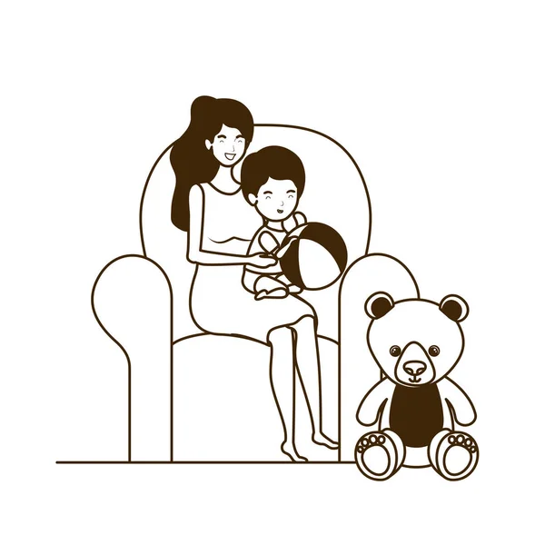 Küçük çocuk ile sevimli gebelik anne kanepede oturan — Stok Vektör