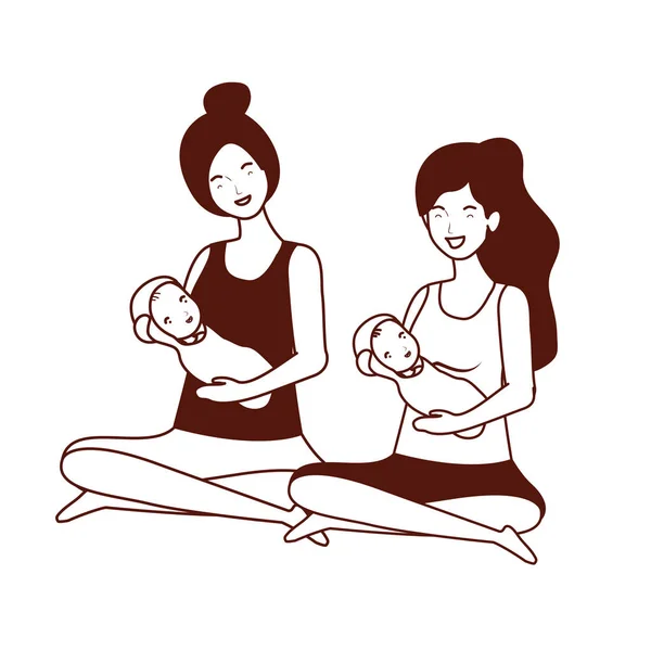 Cute matek ciąży siedzących podnoszenie małych dzieci znaków — Wektor stockowy